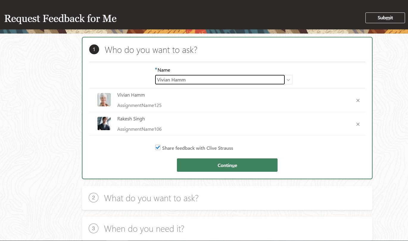 The image shows the Who do you want to ask Section of the Request Feedback for Me Page. The user has selected the Share feedback with <manager name> check box.