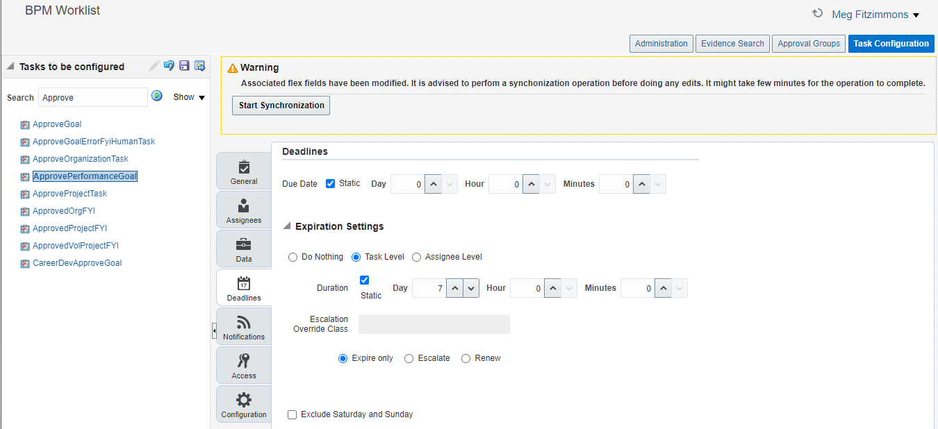 The image shows the Task Configuration tab of the BPM Worklist page. 
