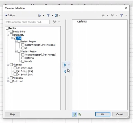 Member Selector in Smart View, showing the full hierarchy structure to which the user has access