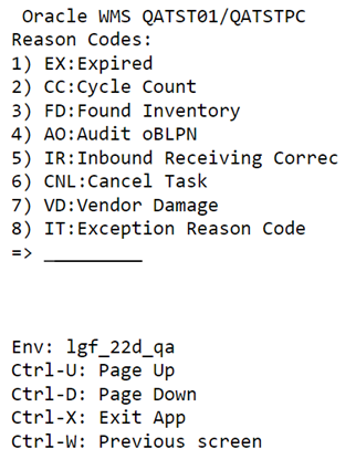 RF List of Reason Codes