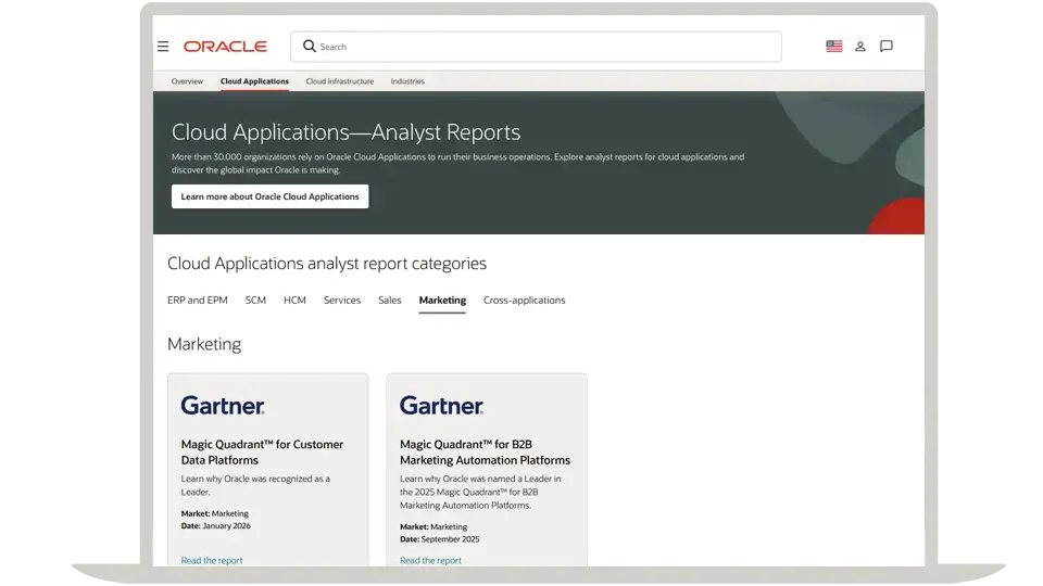 Oracle Cloud Applications analyst reports page with Gartner marketing reports
