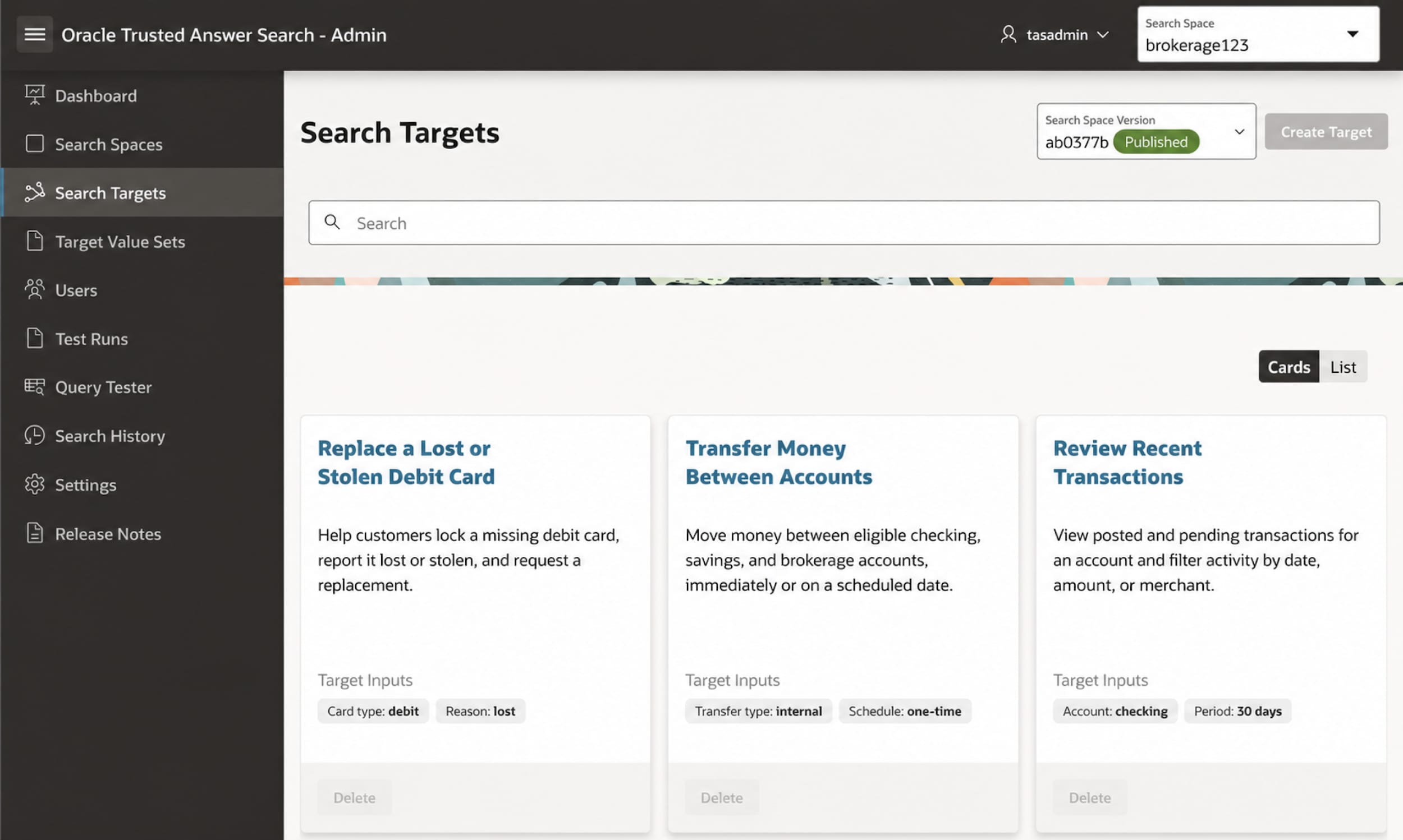Oracle Trusted Answer Search Admin screen for managing search targets