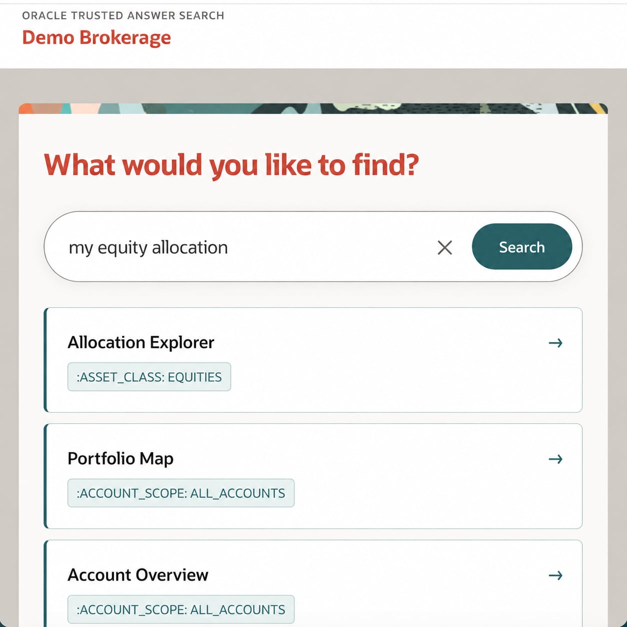 Oracle Trusted Answer Search widget interface with the query my equity allocation and its results