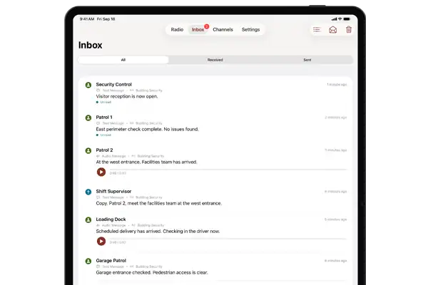Mobile messaging screen with security patrol updates