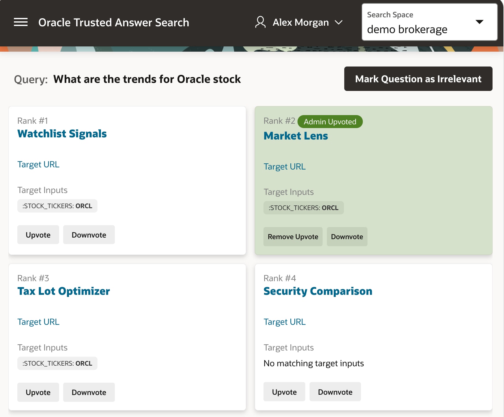 Oracle Trusted Answer Search admin feedback screen for ranking search results
